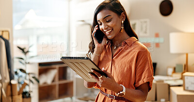 Happy woman, tablet and phone call in logistics or small business for supply chain or communication at retail store. Female person or employee talking on mobile smartphone with technology for order