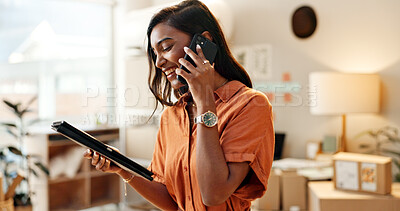 Buy stock photo Happy woman, tablet and phone call for communication in logistics, supply chain or small business at retail store. Female person or employee talking on mobile smartphone with technology for order