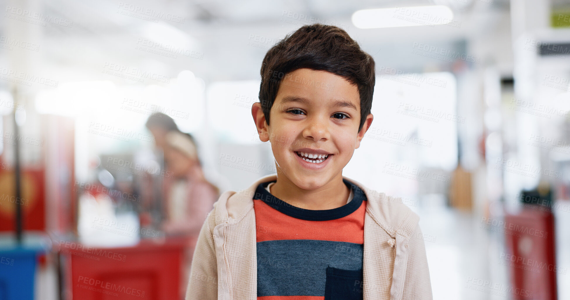 Buy stock photo Young, student and classroom with happy portrait for education, kindergarten or kid learning in casual style. Boy, child and face at academy to study, develop and excited at school with scholarship