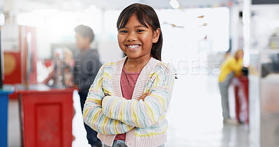 Young, child and exhibition with happy portrait for education, kindergarten and kid learning with toys. Girl student, face and smile to study or develop, excited and science play for problem solving