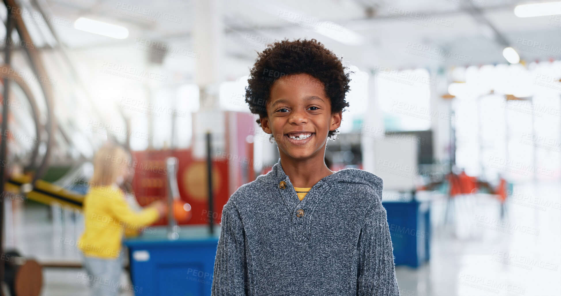 Buy stock photo Portrait, boy and child with education for science, convention or exhibition with smile and confidence. Face, student and kid with happiness at scientific tradeshow, workshop or academy for knowledge