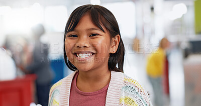 Portrait, girl and child with learning for science, convention or exhibition with smile and confidence. Face, student and kid with happiness at scientific tradeshow, workshop or academy for knowledge