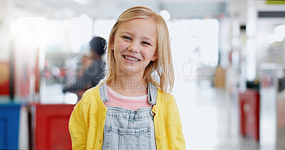 Portrait, girl and child with knowledge for science, convention or exhibition with smile and confidence. Face, student or kid with happiness at scientific tradeshow, workshop or academy for education