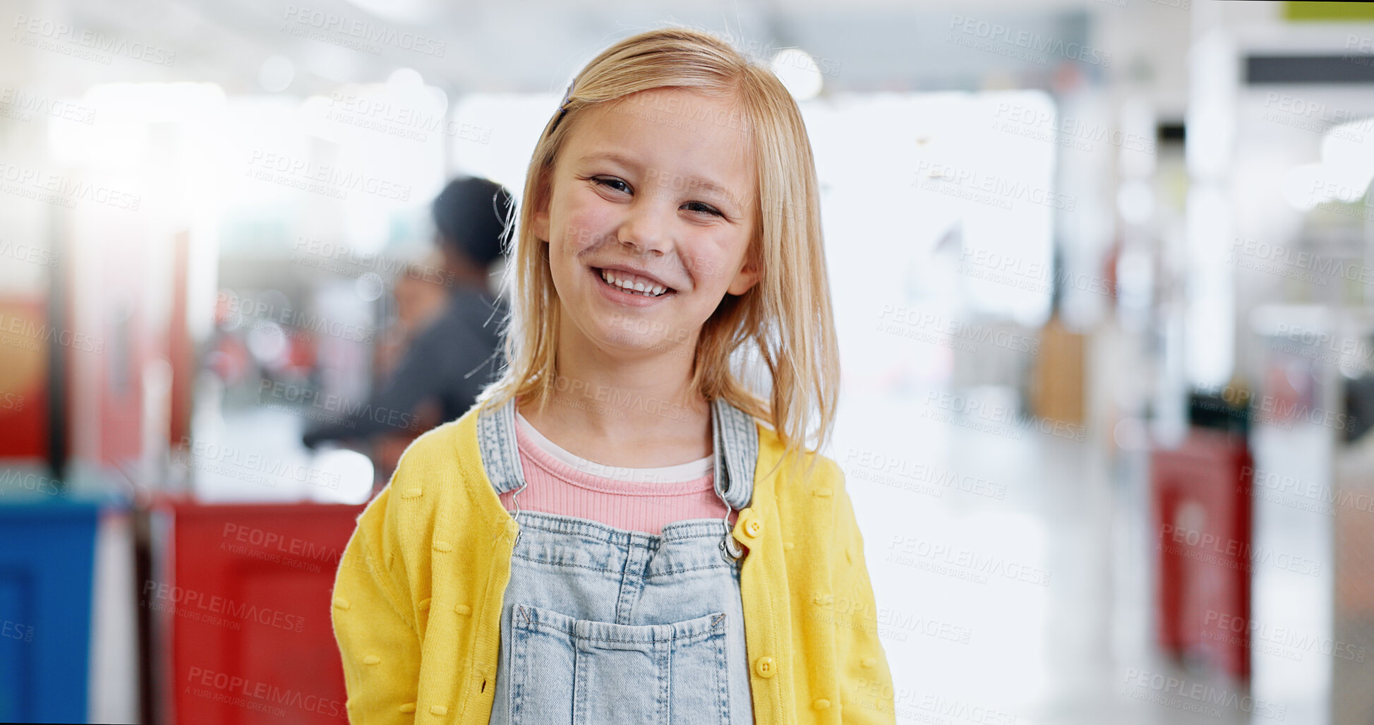 Buy stock photo Portrait, girl and child with knowledge for science, convention or exhibition with smile and confidence. Face, student or kid with happiness at scientific tradeshow, workshop or academy for education