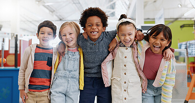 Science, portrait or group of children with smile at convention, expo or exhibition for learning. Kid or face with diversity at tradeshow or scientific conference for knowledge, workshop or education