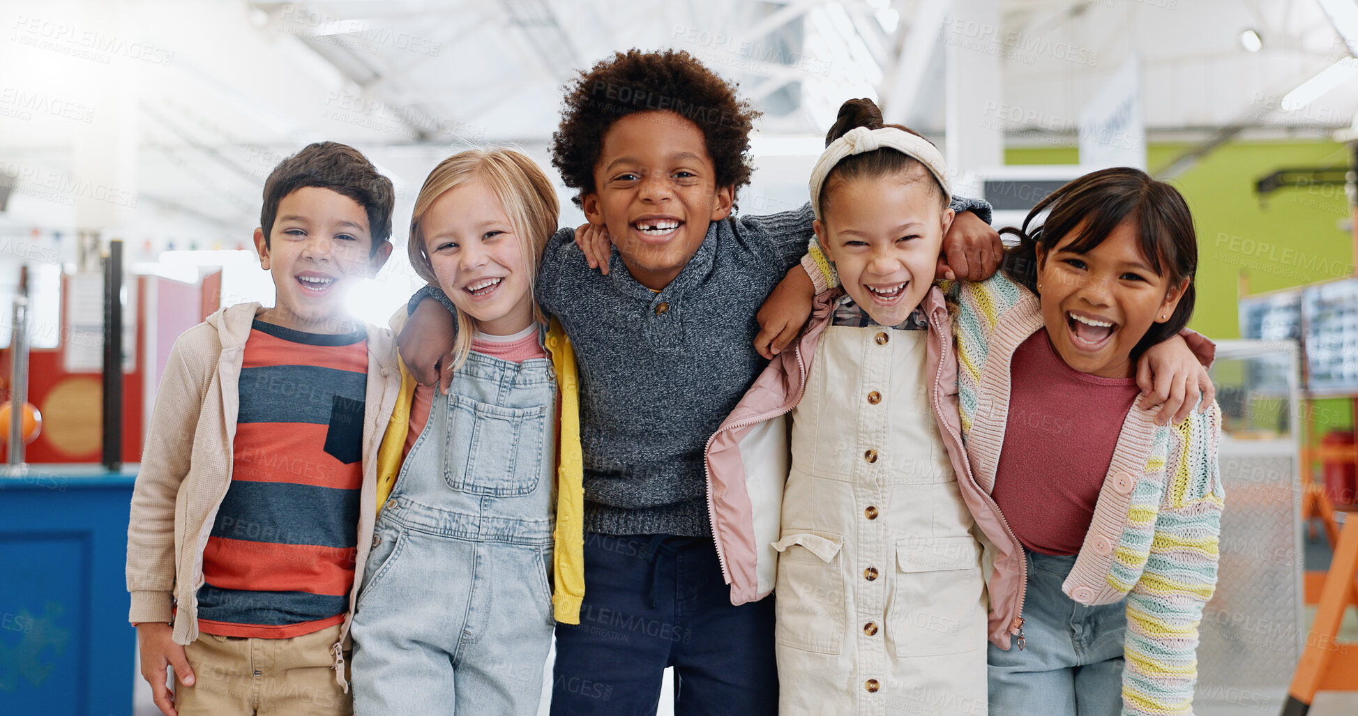 Buy stock photo Science, portrait or group of children with smile at convention, expo or exhibition for learning. Kid or face with diversity at tradeshow or scientific conference for knowledge, workshop or education