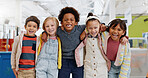 Science, portrait and group of children with happiness at convention, expo or exhibition for workshop. Student, kid or face with smile at tradeshow or scientific conference for knowledge or education