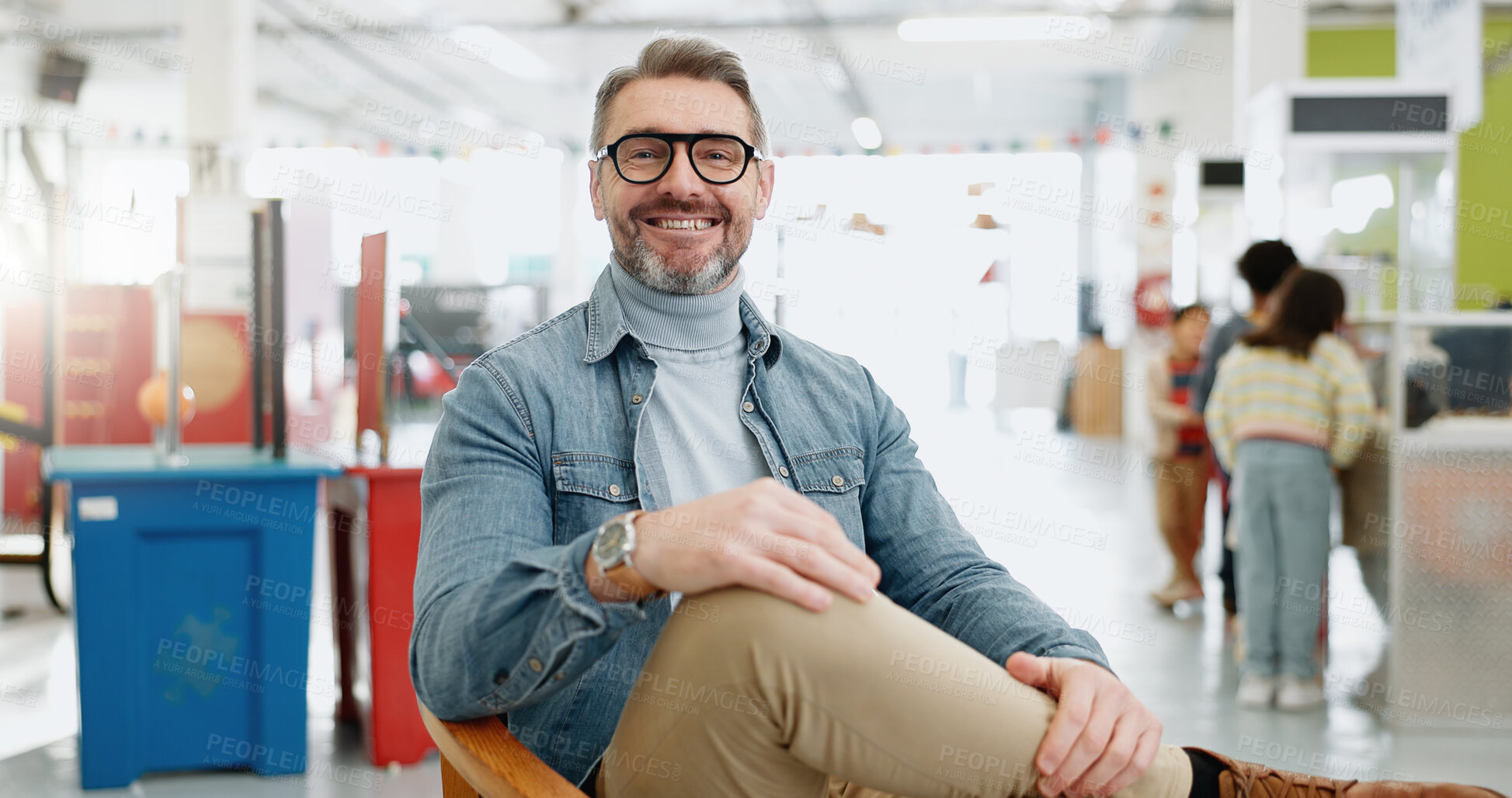 Buy stock photo Portrait, smile and a teacher man at a science fair for education, growth or child development. School, learning and exhibition with a happy mature educator at a showcase for student projects