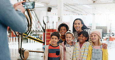 Buy stock photo Photograph, student kids and happy with teacher for education, learning or child development. Smile, children and event or exhibition to study for school with friends together on a field trip