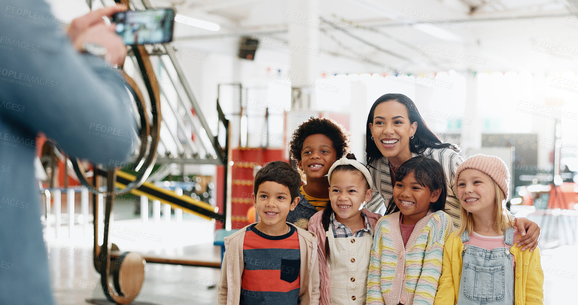 Buy stock photo Photograph, student kids and happy with teacher for education, learning or child development. Smile, children and event or exhibition to study for school with friends together on a field trip