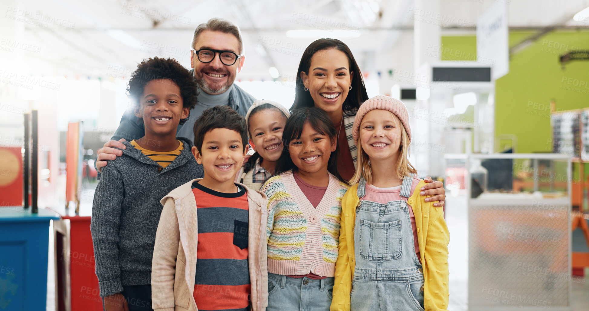 Buy stock photo Science, portrait and group of children with teachers at convention, expo or exhibition with happiness. Man, kids and face with smile at tradeshow or scientific conference for knowledge and education