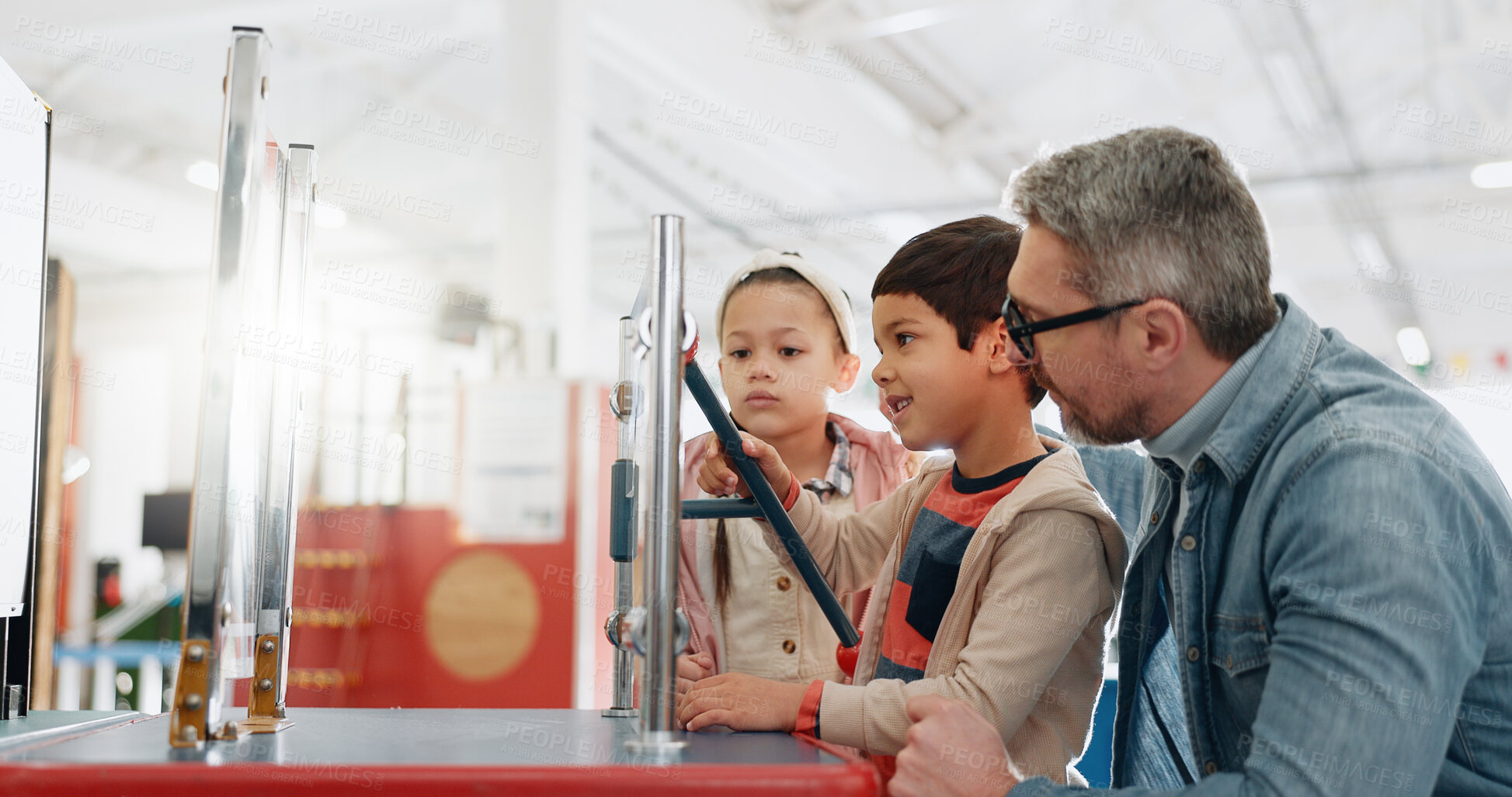 Buy stock photo Science, teacher and students with education, classroom and chemistry with research, conversation and knowledge. Learning, man or children with educator, experiment and kids with support or questions