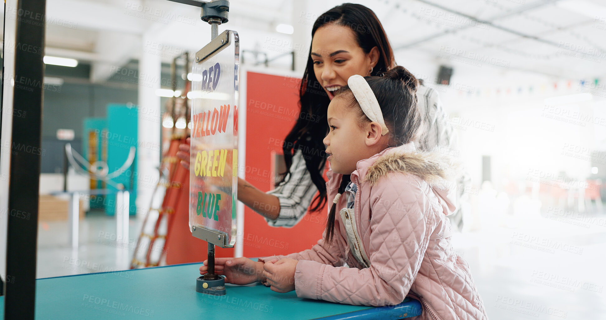 Buy stock photo Learning, teacher and student with education, classroom and science with research, conversation and explain colours. Person, woman and child with educator, student and kid with support and questions