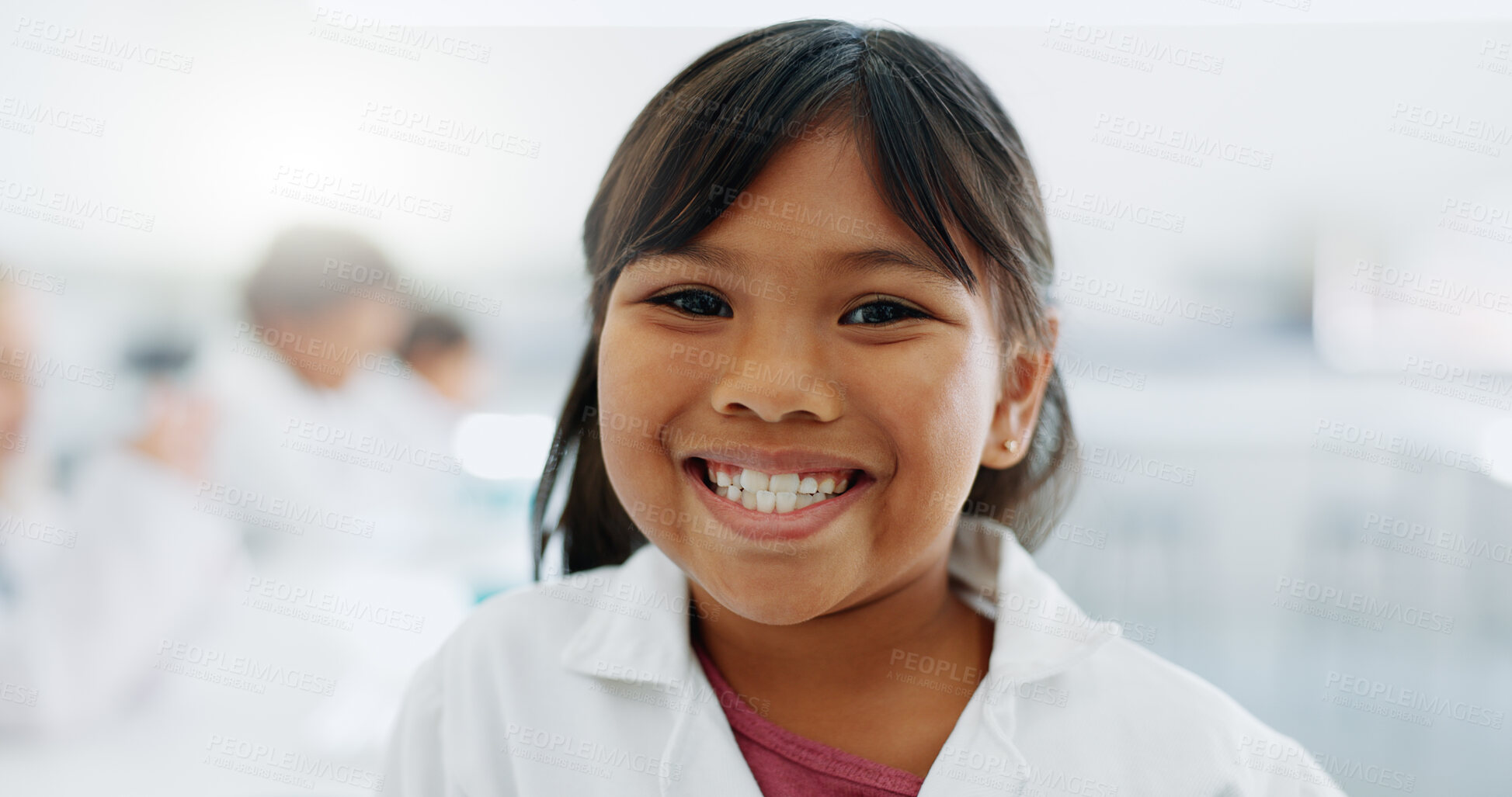 Buy stock photo Portrait, girl and child in laboratory for chemistry, knowledge or learning about science with smile and lab coat. Face, student and kid with happiness in classroom, workshop or academy for education