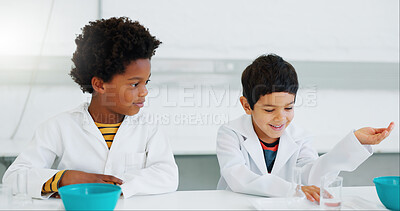 Buy stock photo Science, students and boys in a classroom, conversation and chemistry with education, talking and learning. Friends, kids and children with discussion, teaching and knowledge with experiment and fun