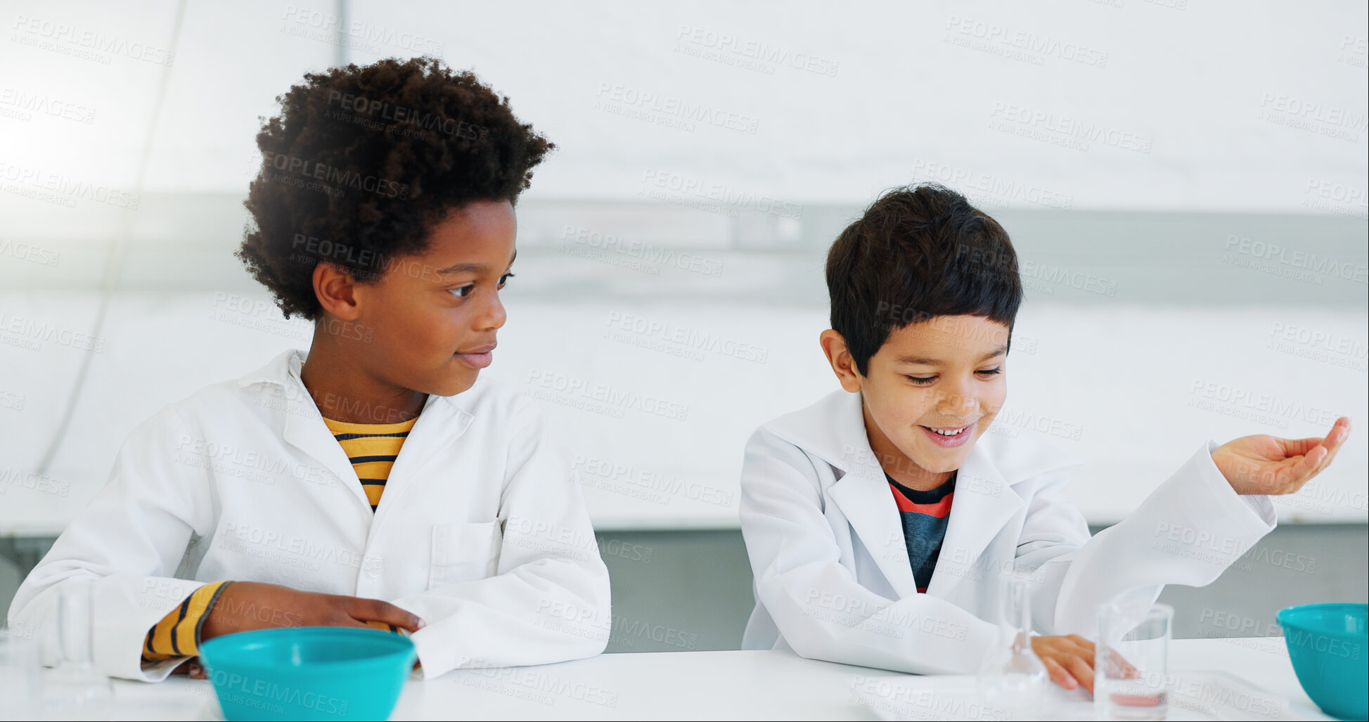 Buy stock photo Science, students and boys in a classroom, conversation and chemistry with education, talking and learning. Friends, kids and children with discussion, teaching and knowledge with experiment and fun