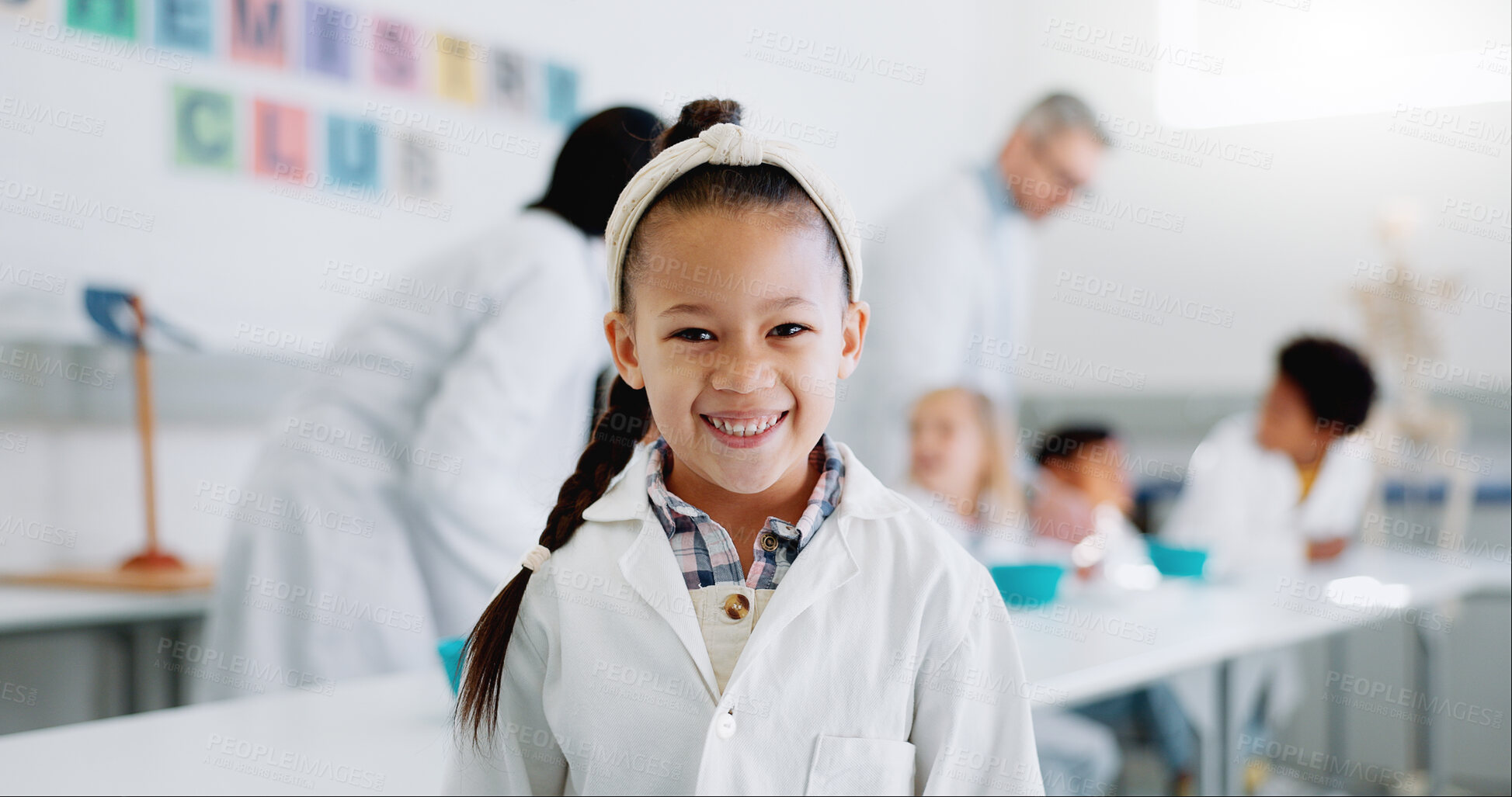 Buy stock photo Portrait, girl and child in classroom with lab coat for knowledge or learning about chemistry with smile. Face, student and happy kid in laboratory, workshop or academy for education or research