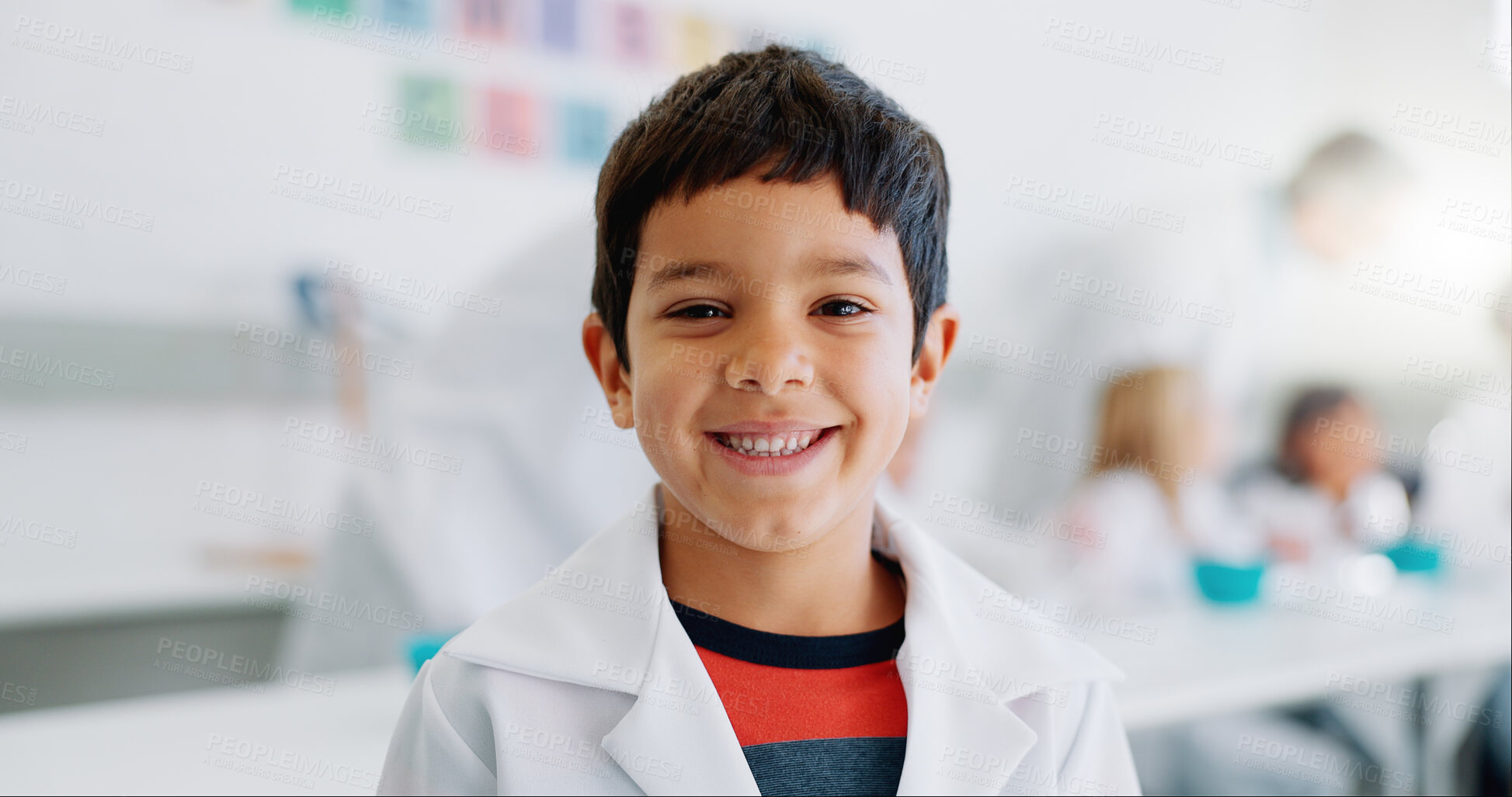 Buy stock photo Happy, portrait and a child in science at school for learning, education or an experiment. Smile, classroom and a boy, kid or student in a lab for studying, innovation and research in physics