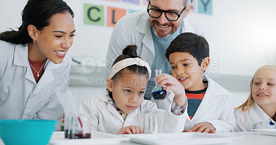 Science, school and students in class with their teachers for learning or to study chemistry. Children, education and scholarship with kids in a laboratory for an experiment of chemical reaction