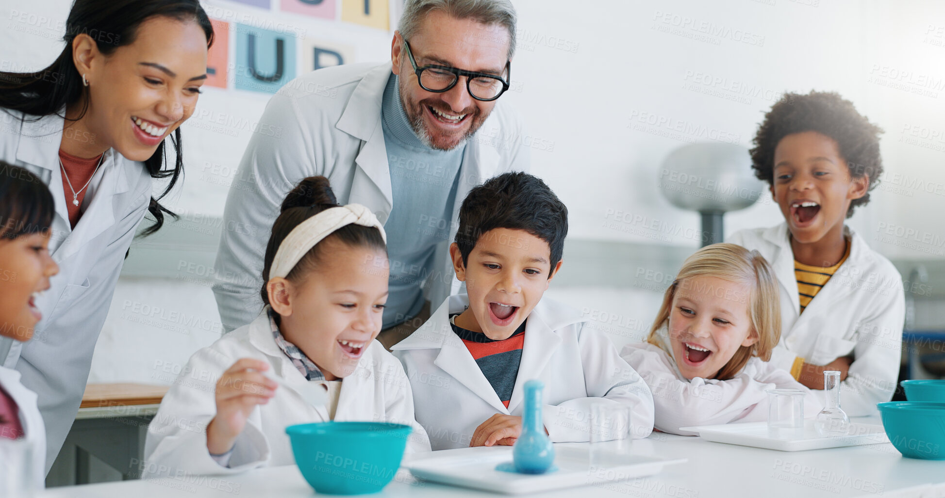 Buy stock photo Science, wow and children in class with their teachers for learning or to study chemistry. Surprise, school and scholarship with student kids in a laboratory for an experiment of chemical reaction