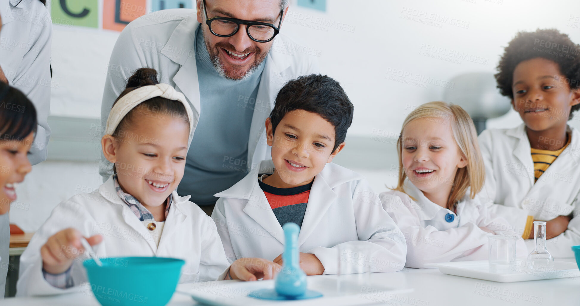 Buy stock photo Science, education and student kids in class with their teachers for learning or to study chemistry. Future, school or scholarship with children in a laboratory for an experiment of chemical reaction