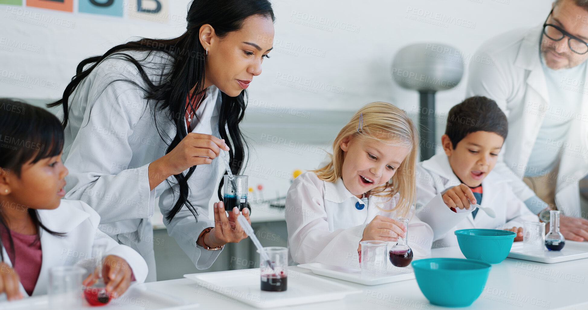 Buy stock photo Science, chemical and students in class with their teachers for learning or to study chemistry. Wow, children and education with kids in a school laboratory for an experiment of surprise reaction