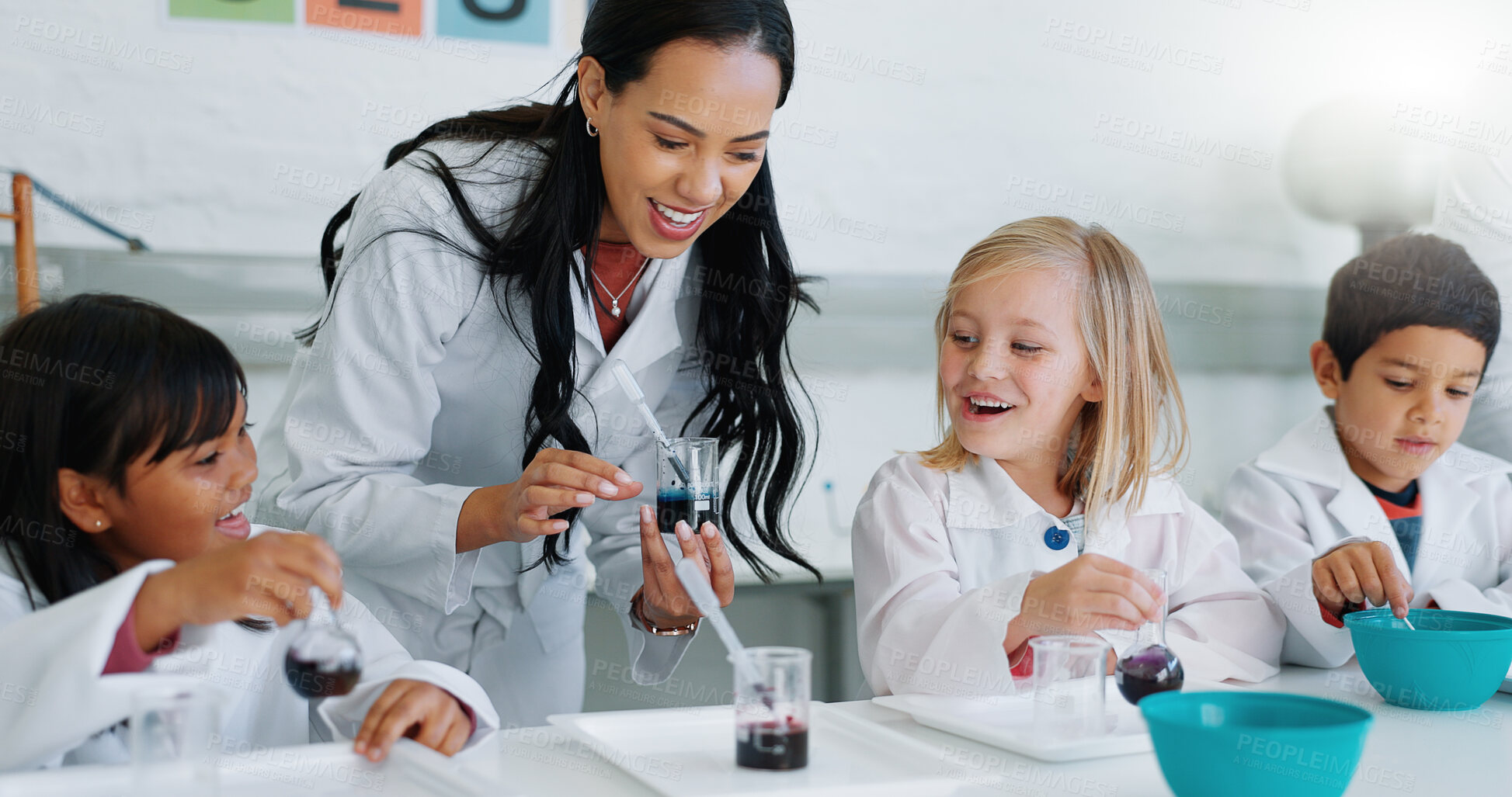 Buy stock photo Science, education and children in a classroom with their teacher for learning or to study chemistry. Kids, school and scholarship with students in lab class for an experiment of chemical reaction