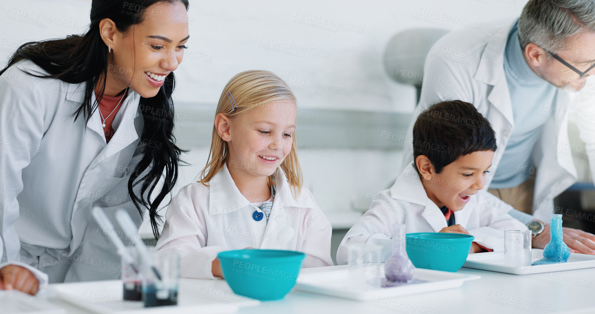 Buy stock photo Science, education and students in a laboratory with their teachers for learning or to study chemistry. Children, school and scholarship with kids in class for an experiment of chemical reaction