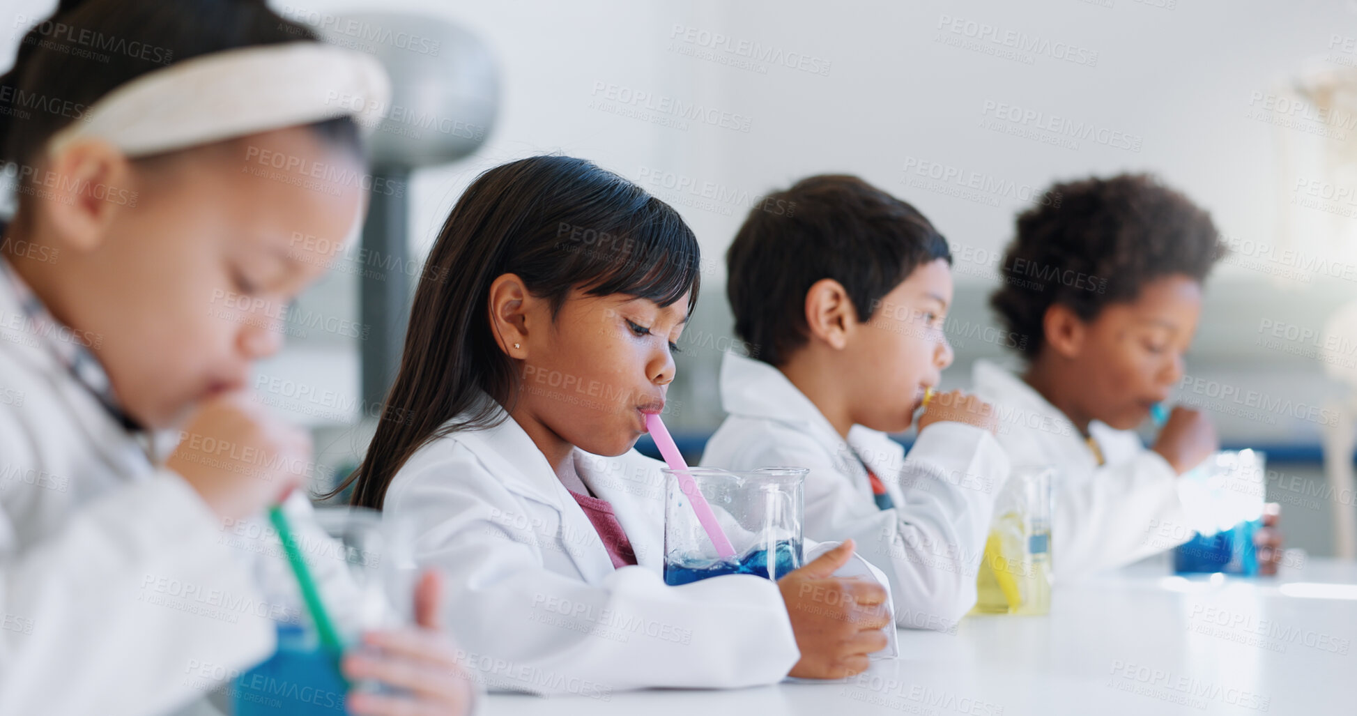 Buy stock photo School kids, experiment and liquid for science, learning and classroom for gas, idea and knowledge in lab. Children, boy and girl with studying, container or scholarship for innovation with straw