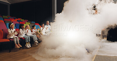 Buy stock photo Chemistry, science education and smoke with students and classroom with biotechnology and physics test. Scientist, chemical reaction and solution with research and school field trip of kids in class