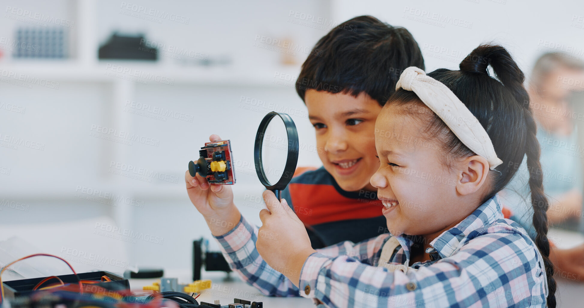 Buy stock photo Children, magnifying glass and school for robotics, teamwork and learning for technology, science and education. Childhood, students or innovation with kids, studying or inspection project research 