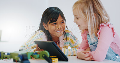 Buy stock photo Children, learning and tablet in robotics classroom for engineering, science and technology education. School, teamwork and girls online together with elearning game, problem solving or research