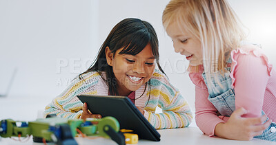 Learning, children and tablet in robotics classroom for engineering, science and technology education. School, teamwork and girls online together with elearning game, problem solving or research