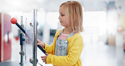 Buy stock photo Young student, classroom or play with science equipment for education, experiment or knowledge with hands. Girl, academy or problem solving with curious study, active learning or innovation school
