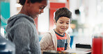 Happy, playing and children in a lab for science, education and learning in a classroom together. Smile, school and boys, children or students excited for innovation, physics or studying innovation