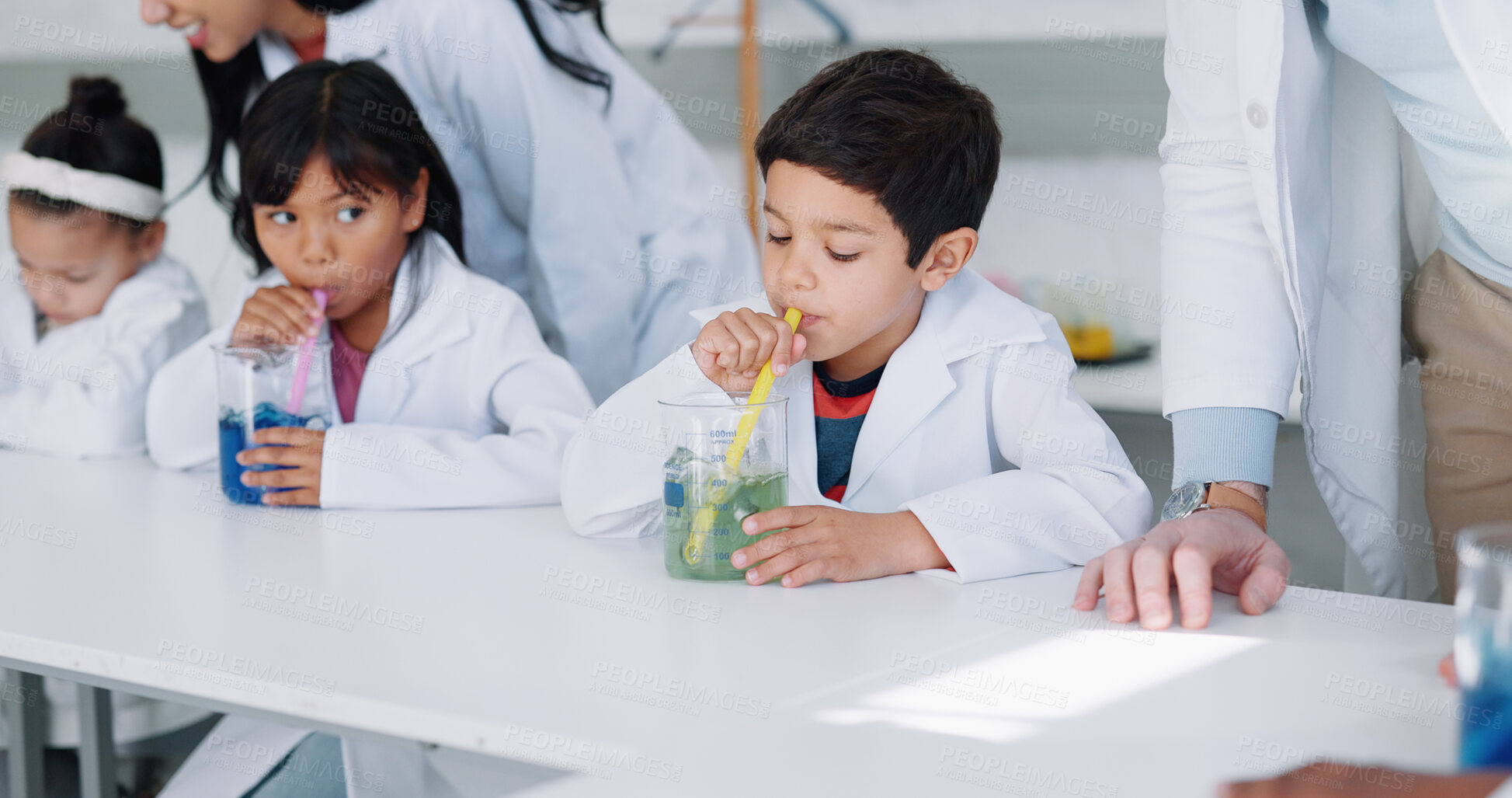 Buy stock photo Study, science and kids in class for an experiment while learning chemistry together at school. Education, laboratory and innovation with student children in a classroom for growth or development