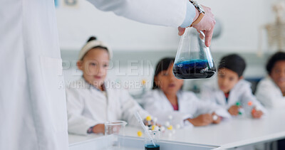 Buy stock photo Experiment, science class and glass with chemical and classroom project with learning and education. Excited, children and school work with study, chemistry and student with research knowledge