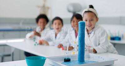 Buy stock photo Science, experiment and chemical reaction with kids in a classroom at school for education or development. Learning, wow and glass with student children in class to study research or innovation