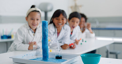 Buy stock photo Experiment, science class and reaction with chemical and classroom project with learning and education. Excited, children and school work with study, chemistry and student with research knowledge