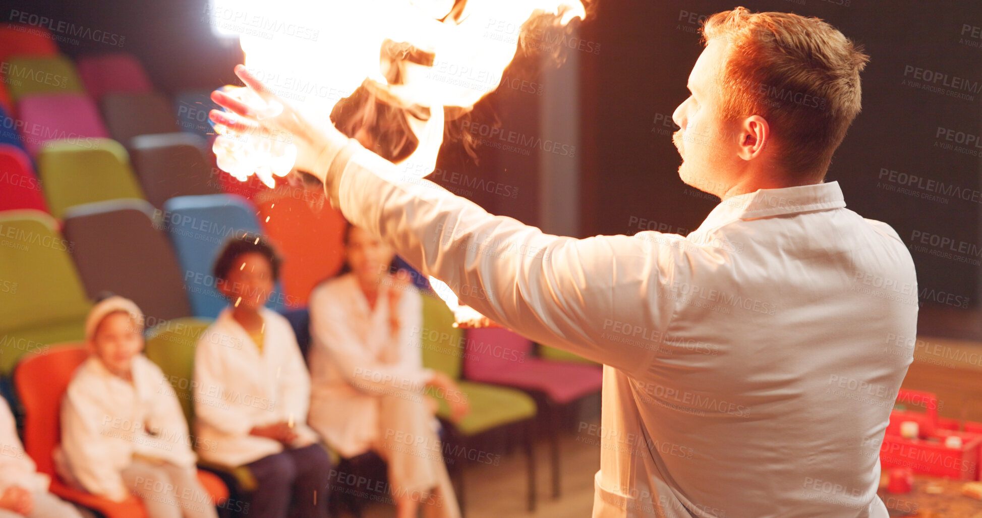 Buy stock photo Science, students and fire experiment with teacher for development, innovation and knowledge in hall. Chemistry, children or flame for chemical research, learning and teaching at school or exhibition