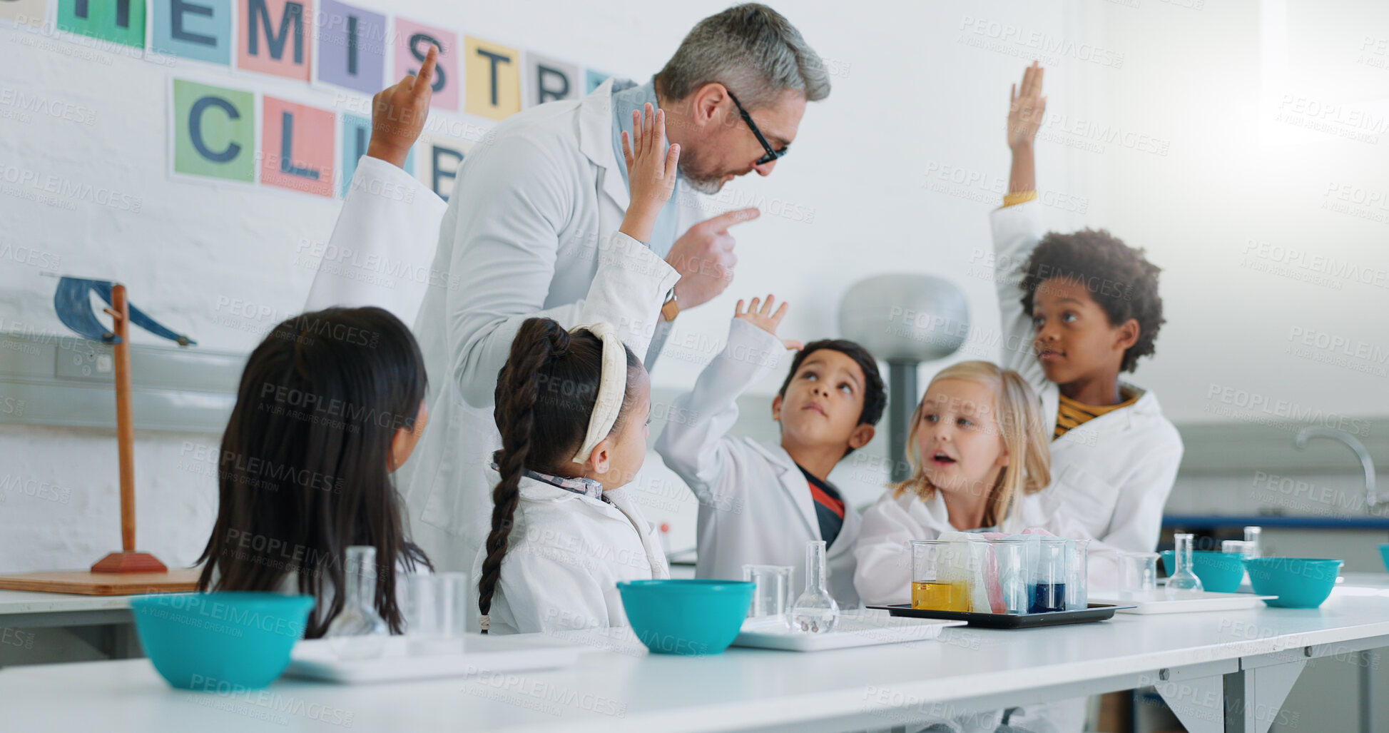 Buy stock photo Science, question and students in class with their teacher for learning or to study chemistry. Children, hands raised and education with kids in a laboratory for an experiment of chemical reaction