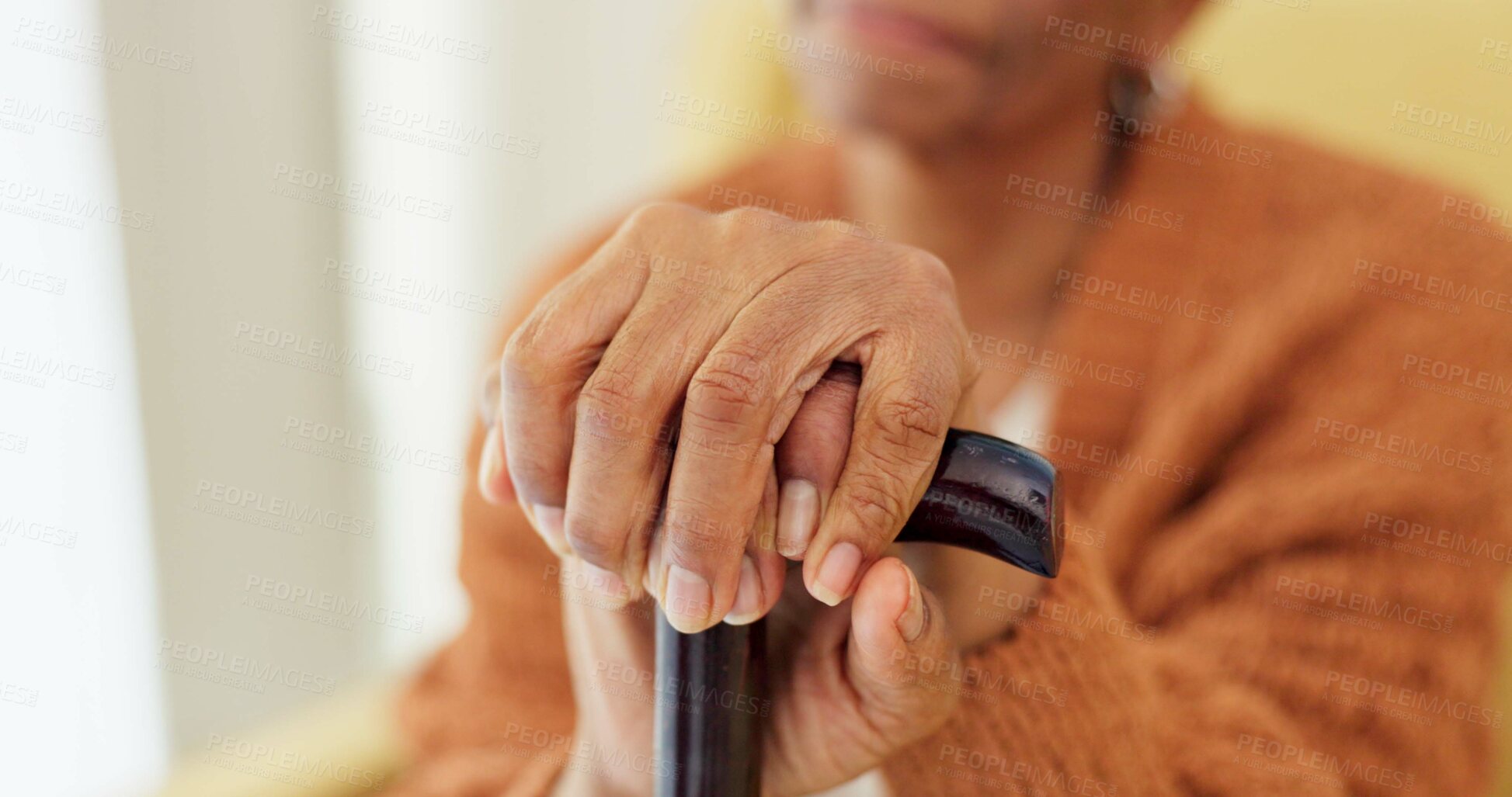 Buy stock photo Hands, walking stick and senior woman with a disability, dementia or Alzheimer in a nursing home for senior care. Crutch, balance and old lady with osteoarthritis, Parkinson or osteoporosis or stroke