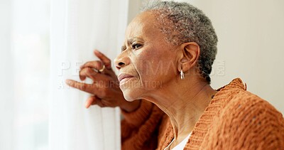 Senior woman, face and thinking by window at home to remember memory and relax in retirement. Serious black elderly person or old lady at nursing facility with hope, sad emotion and Alzheimer disease
