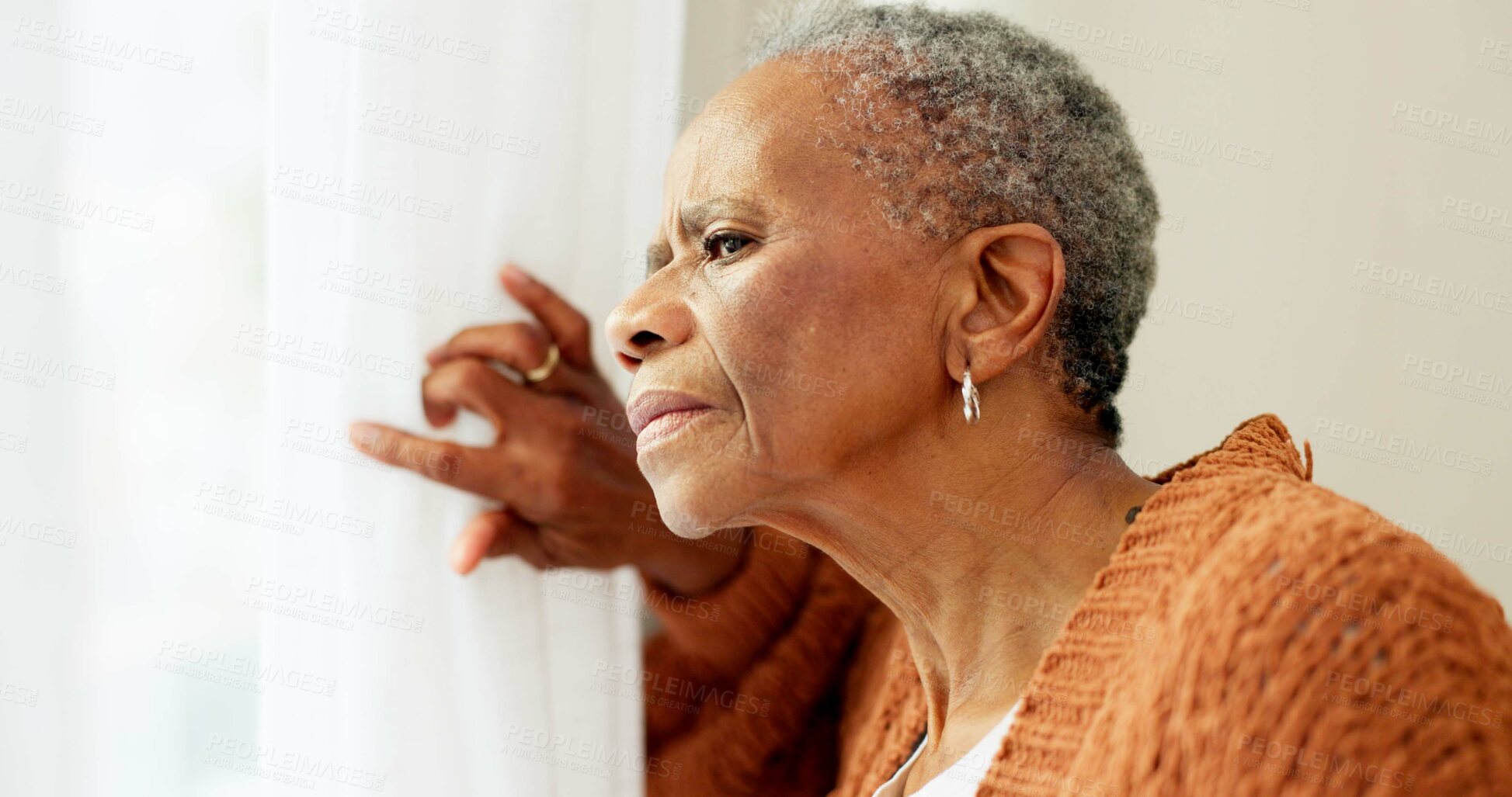 Buy stock photo Senior woman, face and thinking by window at home to remember memory and relax in retirement. Serious black elderly person or old lady at nursing facility with hope, sad emotion and Alzheimer disease