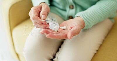 Medicine, pills and hands of old woman on sofa for prescription, medical and supplements. Healthcare, wellness and vitamins with closeup of person in living room at home for pharmacy and retirement