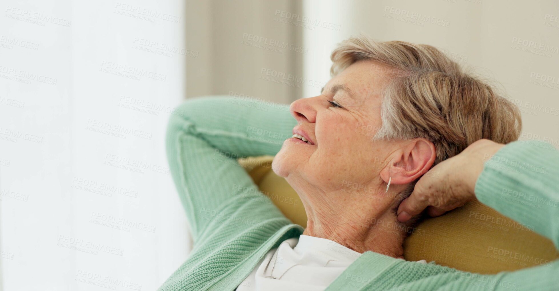 Buy stock photo Stretching, relax and senior woman on a sofa happy, chilling and satisfied in her home. Stretch, relief and elderly female smile for retirement, freedom and me time in a living room with good mood