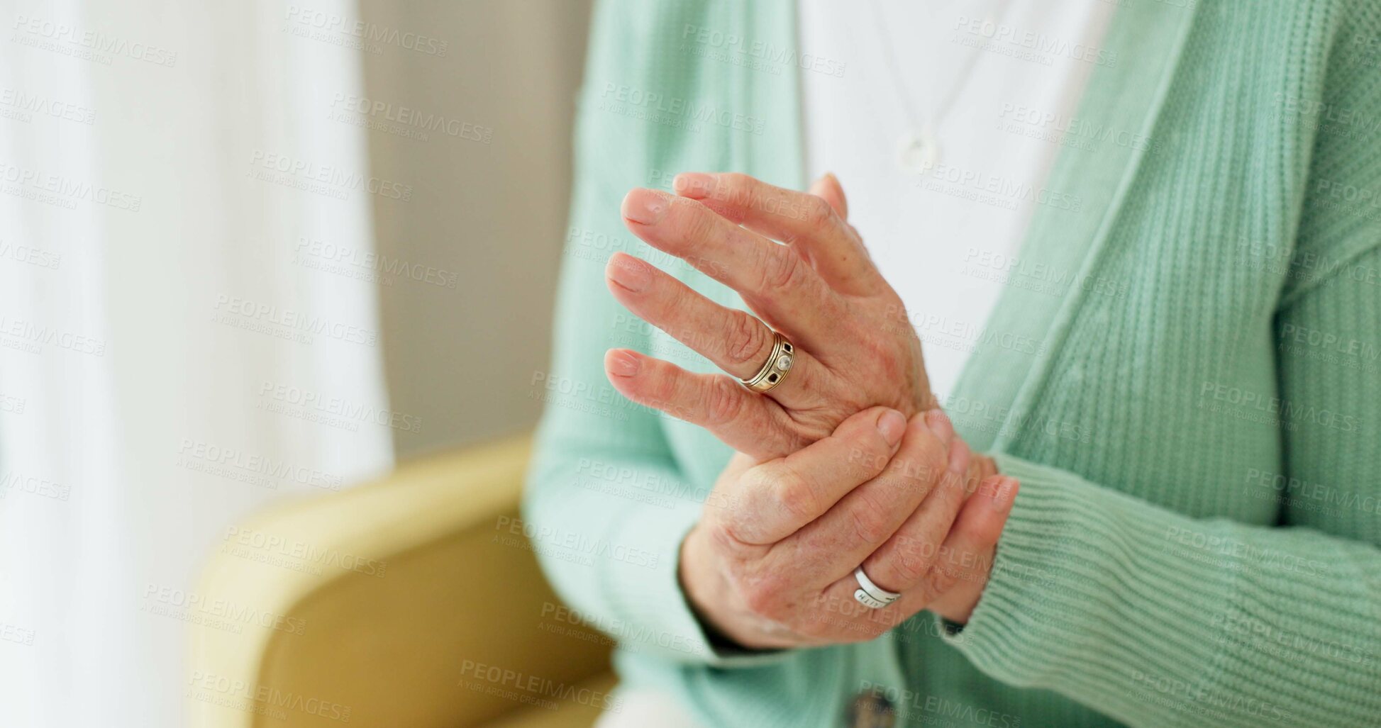 Buy stock photo Hands, pain and arthritis with a senior woman in her nursing home, struggling with a medical injury or problem. Healthcare, ache or carpal tunnel with an elderly resident in an assisted living house