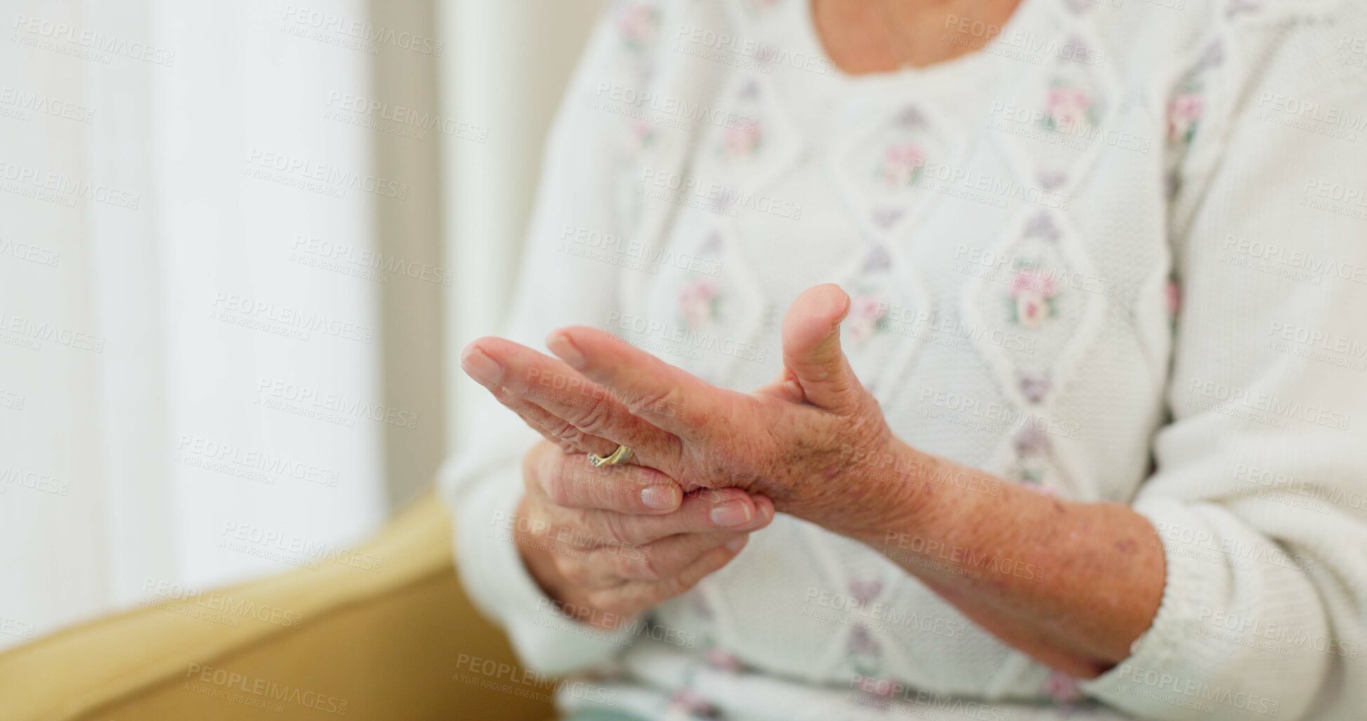 Buy stock photo Hands, pain and arthritis with an old woman in her nursing home, struggling with a medical injury or problem. Healthcare, ache or carpal tunnel with a mature resident in an assisted living house