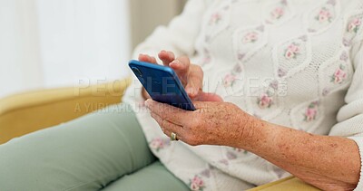 Senior woman, hand typing and phone for communication, contact with internet connection or online for social media post. Elderly person, hands and writing an email, message or search on smartphone