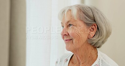 Face, thinking or nostalgia and a senior woman in a nursing home with a happy memory of the past. Smile, relax and retirement with an elderly resident remembering life in an assisted living house